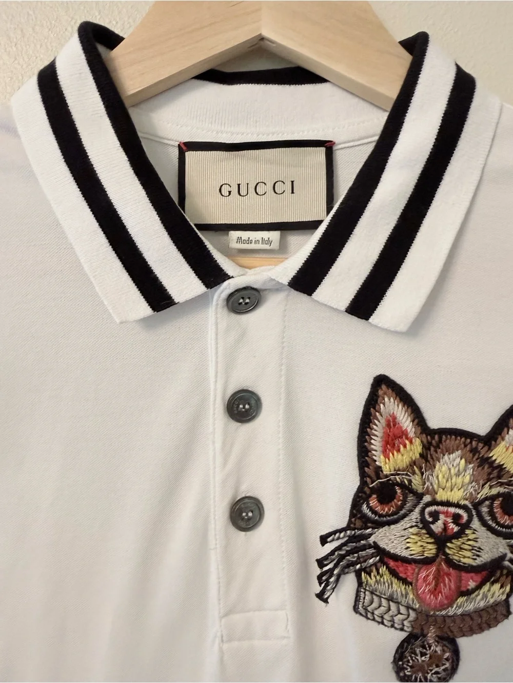 Gucci Dog Cat Patch Polo Shirt White Black Stripe Rare Alessandro Michele Size S